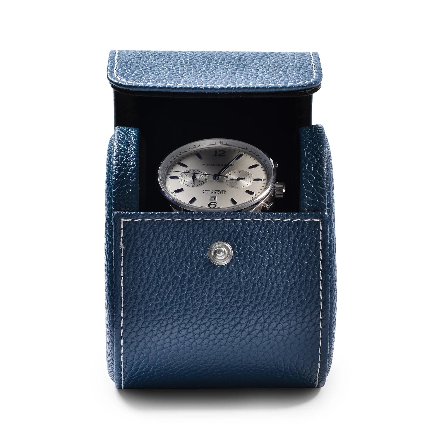 2.95" Navy Pebbled Leather Single Watch Roll, Travel Case with Soft Velvet Lining for Men & Women