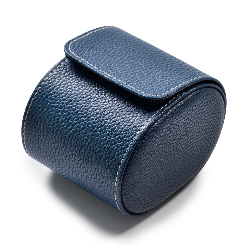 2.95" Navy Pebbled Leather Single Watch Roll, Travel Case with Soft Velvet Lining for Men & Women
