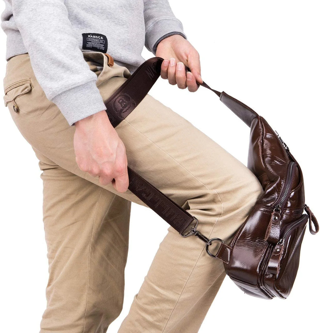 BULLCAPTAIN Leather Men Sling Bag Casual Crossbody Chest Bags Travel Daypack