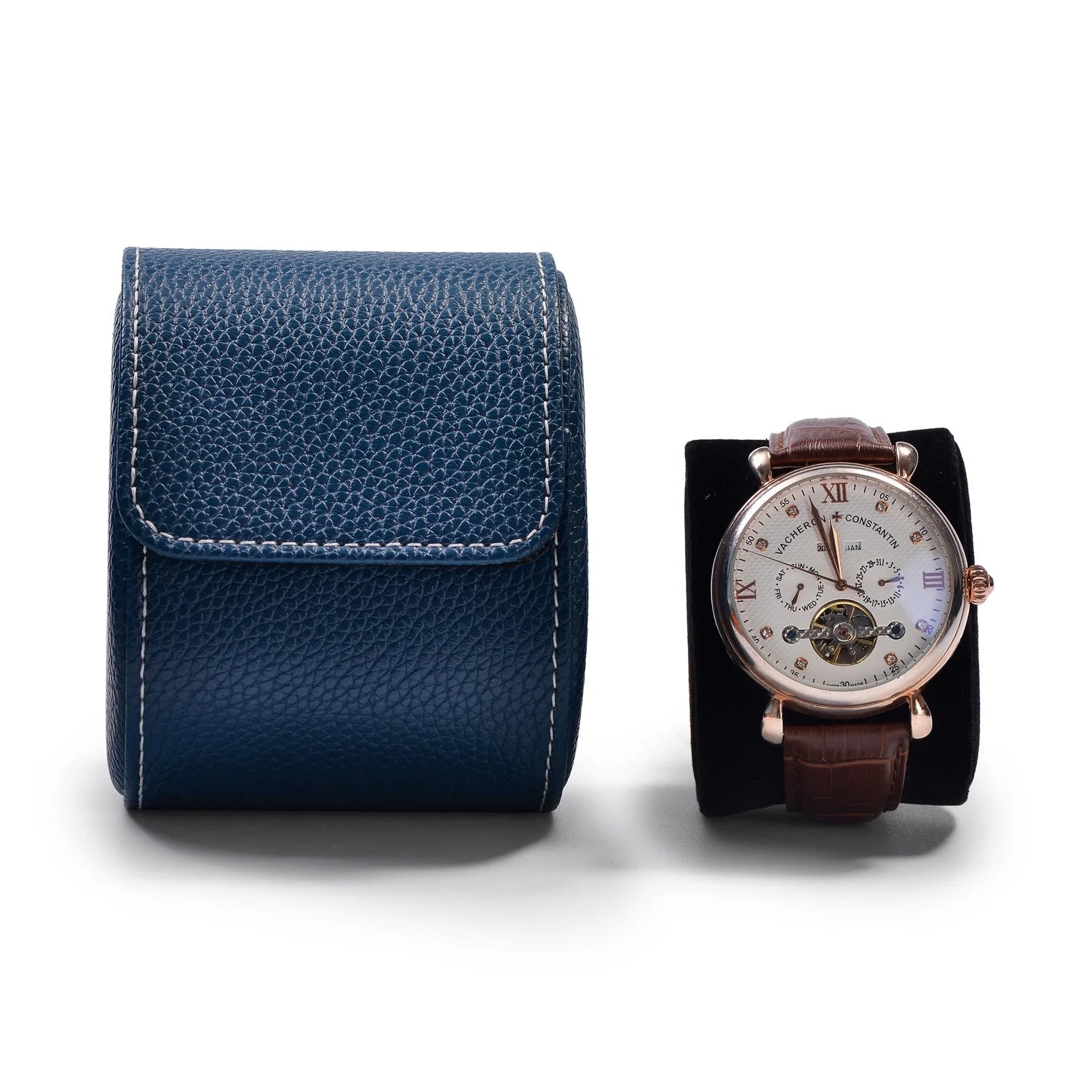 2.95" Navy Pebbled Leather Single Watch Roll, Travel Case with Soft Velvet Lining for Men & Women