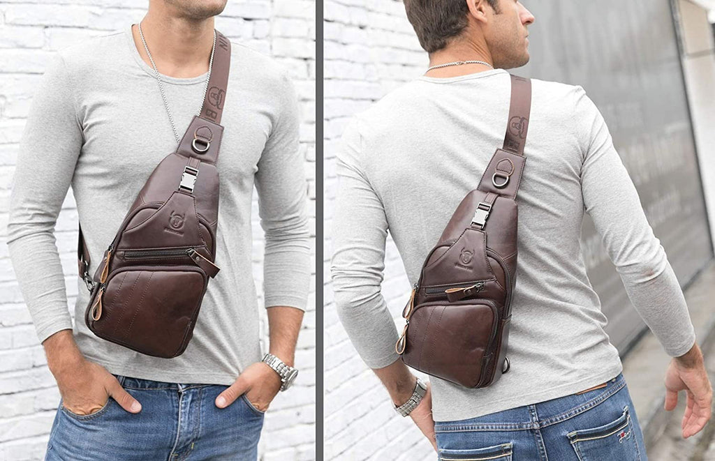 BULLCAPTAIN Leather Men Sling Bag Casual Crossbody Chest Bags Travel Daypack